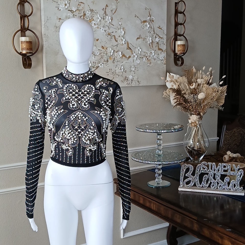 Banjul Black Beaded Long-Sleeve Crop Sheer Cocktail Mock Neck Top. Size M - Picture 10 of 17